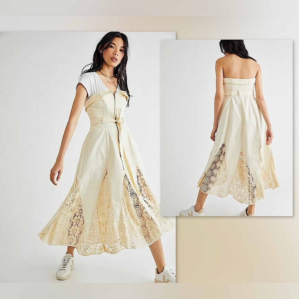 🦙Free People Sway With Me Strapless Midi Dress in Natural Ivory, Size 12